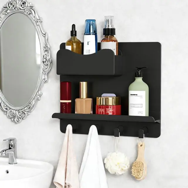 Alt view image 6 of 7 - Floating Shelves for Bedside Shelf Accessories Organizer, Wall Mount Self Stick On, Cute Room Decor Aesthetic, Girls Room Decor, Cool Stuff for Bedroom Storage and Organization Black
