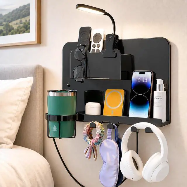 Main image of Floating Bedside Wall Shelf, Metal Wall Organizer with Detachable Cup Holde | No Drill Floating Wall Mounted Storage for Bedroom, Dorm, Loft Bed, Bunk Bed & Small Space Organization