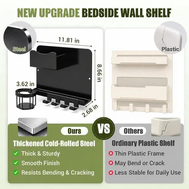 Alt view image 2 of 7 - Floating Bedside Wall Shelf, Metal Wall Organizer with Detachable Cup Holde | No Drill Floating Wall Mounted Storage for Bedroom, Dorm, Loft Bed, Bunk Bed & Small Space Organization