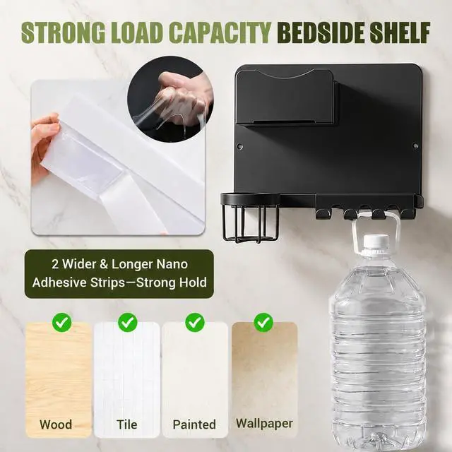 Alt view image 3 of 7 - Floating Bedside Wall Shelf, Metal Wall Organizer with Detachable Cup Holde | No Drill Floating Wall Mounted Storage for Bedroom, Dorm, Loft Bed, Bunk Bed & Small Space Organization