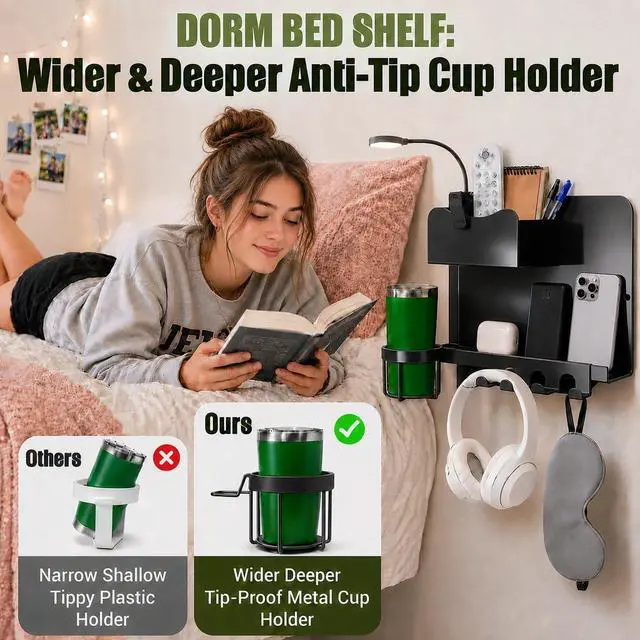Alt view image 4 of 7 - Floating Bedside Wall Shelf, Metal Wall Organizer with Detachable Cup Holde | No Drill Floating Wall Mounted Storage for Bedroom, Dorm, Loft Bed, Bunk Bed & Small Space Organization