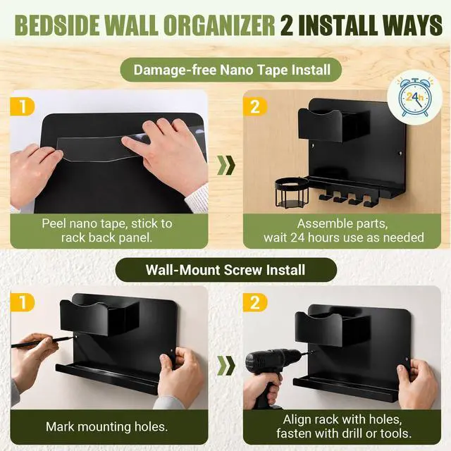 Alt view image 6 of 7 - Floating Bedside Wall Shelf, Metal Wall Organizer with Detachable Cup Holde | No Drill Floating Wall Mounted Storage for Bedroom, Dorm, Loft Bed, Bunk Bed & Small Space Organization
