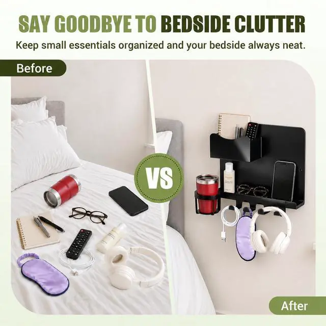 Alt view image 5 of 7 - Floating Bedside Wall Shelf, Metal Wall Organizer with Detachable Cup Holde | No Drill Floating Wall Mounted Storage for Bedroom, Dorm, Loft Bed, Bunk Bed & Small Space Organization