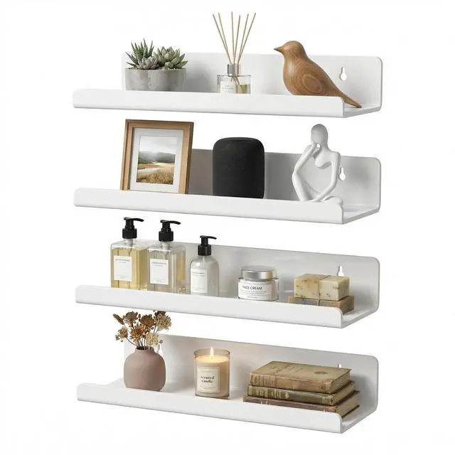 Main image of White Acrylic Floating Shelves, No Drill Wall Shelves, 4 Pack | Glossy White Acrylic; 4 Pack Wall Shelves; Adhesive or Screw Mount; No Drill Option; 12 lb Max Load