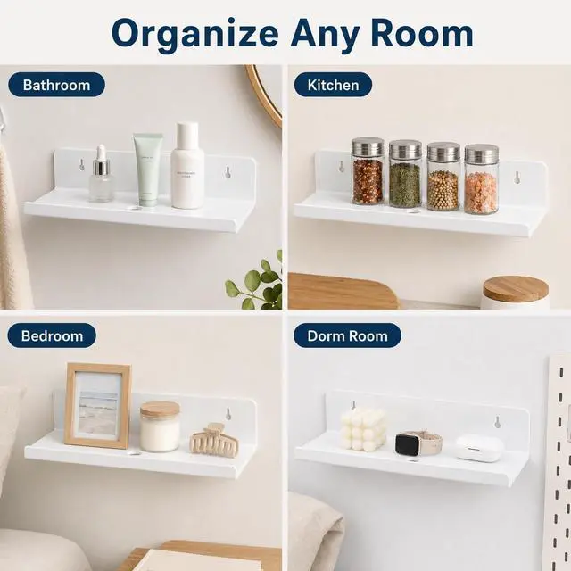 Alt view image 4 of 7 - White Acrylic Floating Shelves, No Drill Wall Shelves, 4 Pack | Glossy White Acrylic; 4 Pack Wall Shelves; Adhesive or Screw Mount; No Drill Option; 12 lb Max Load