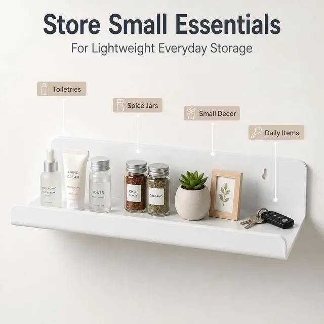 Alt view image 5 of 7 - White Acrylic Floating Shelves, No Drill Wall Shelves, 4 Pack | Glossy White Acrylic; 4 Pack Wall Shelves; Adhesive or Screw Mount; No Drill Option; 12 lb Max Load