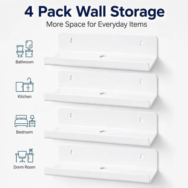 Alt view image 7 of 7 - White Acrylic Floating Shelves, No Drill Wall Shelves, 4 Pack | Glossy White Acrylic; 4 Pack Wall Shelves; Adhesive or Screw Mount; No Drill Option; 12 lb Max Load
