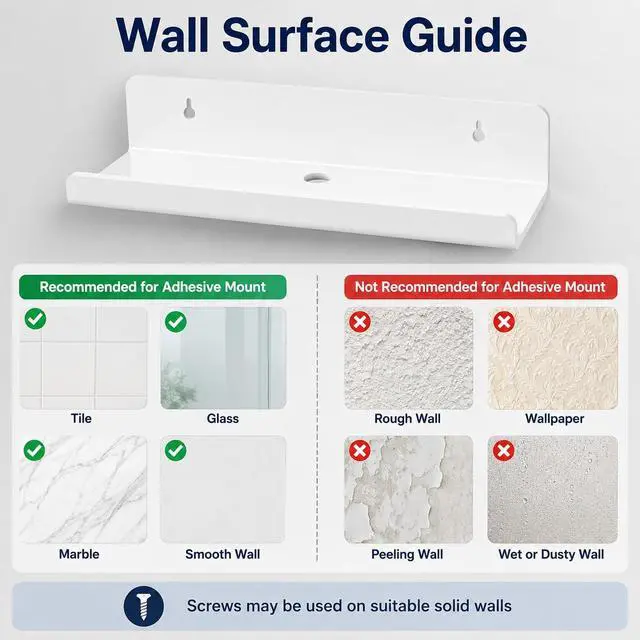 Alt view image 6 of 7 - White Acrylic Floating Shelves, No Drill Wall Shelves, 4 Pack | Glossy White Acrylic; 4 Pack Wall Shelves; Adhesive or Screw Mount; No Drill Option; 12 lb Max Load
