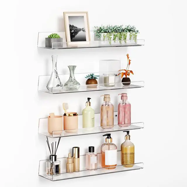Main image of 4 Pack Acrylic Shelves for Wall, 15 Inch Clear Adhesive Floating Shelf | Dual-Mount No Drill/Screw Waterproof Wall Shelf, Rustproof Storage Rack for Bathroom, Kitchen, Living Room, Bedroom