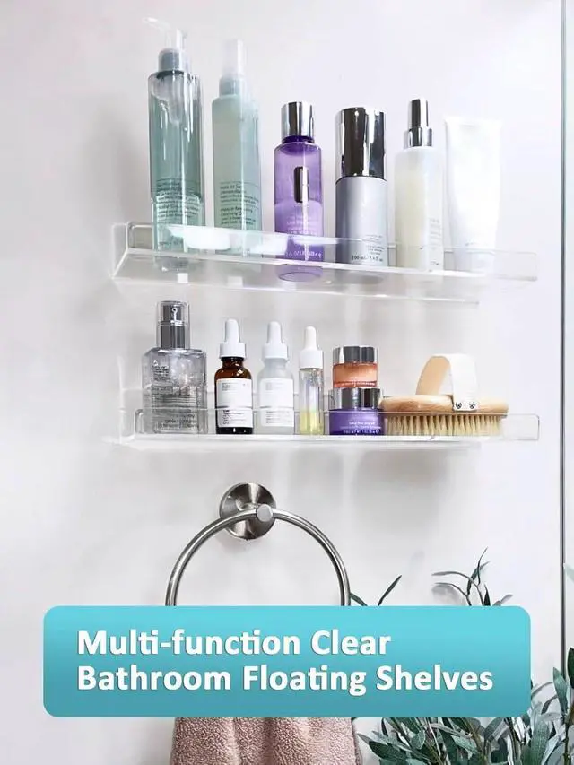 Alt view image 4 of 6 - 4 Pack Acrylic Shelves for Wall, 15 Inch Clear Adhesive Floating Shelf | Dual-Mount No Drill/Screw Waterproof Wall Shelf, Rustproof Storage Rack for Bathroom, Kitchen, Living Room, Bedroom