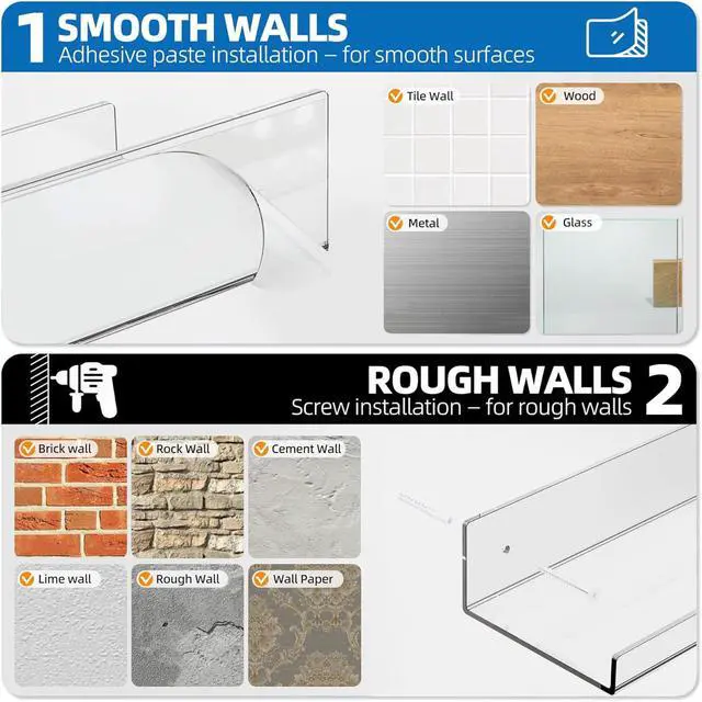 Alt view image 3 of 6 - 4 Pack Acrylic Shelves for Wall, 15 Inch Clear Adhesive Floating Shelf | Dual-Mount No Drill/Screw Waterproof Wall Shelf, Rustproof Storage Rack for Bathroom, Kitchen, Living Room, Bedroom