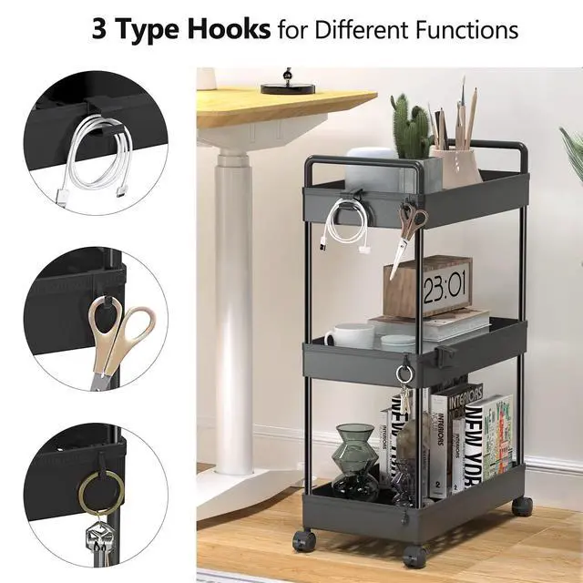 Alt view image 3 of 7 - 3 Tier Slim Rolling Storage Cart Organizer with Wheels, Black | Utility cart for bathroom, laundry, bedside, dorm&narrow spaces. Fits craft, nail, makeup, snack, art, diaper&baby essentials