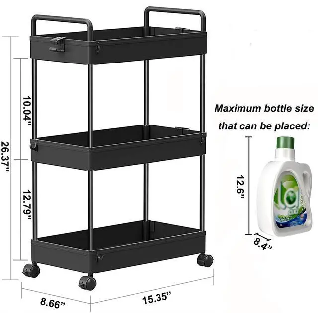 Alt view image 2 of 7 - 3 Tier Slim Rolling Storage Cart Organizer with Wheels, Black | Utility cart for bathroom, laundry, bedside, dorm&narrow spaces. Fits craft, nail, makeup, snack, art, diaper&baby essentials