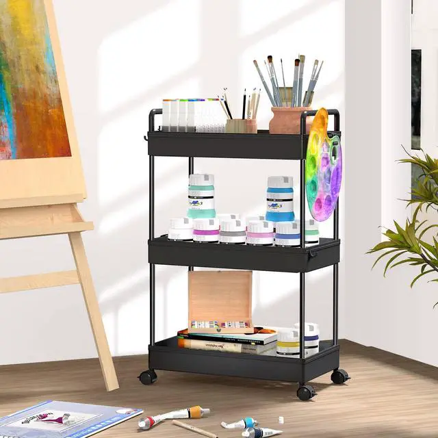 Alt view image 5 of 7 - 3 Tier Slim Rolling Storage Cart Organizer with Wheels, Black | Utility cart for bathroom, laundry, bedside, dorm&narrow spaces. Fits craft, nail, makeup, snack, art, diaper&baby essentials