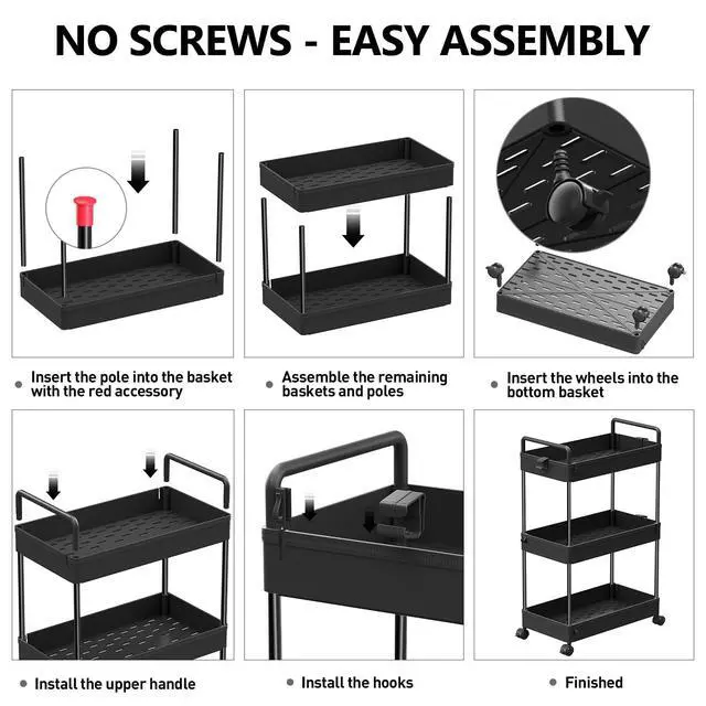 Alt view image 7 of 7 - 3 Tier Slim Rolling Storage Cart Organizer with Wheels, Black | Utility cart for bathroom, laundry, bedside, dorm&narrow spaces. Fits craft, nail, makeup, snack, art, diaper&baby essentials