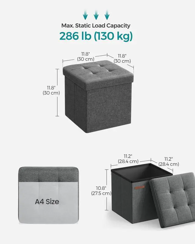 Alt view image 5 of 7 - 11.8 Inches Small Folding Storage Ottoman Cube, Storage Footrest, Foot Rest Stool, for Living Room, Bedroom, Dorm, Dark Gray ULSF028G01