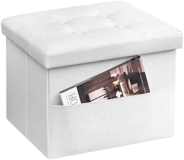 Main image of Ottoman with Storage,16" Folding Leather Foot Rest Chest,White | Storage Stool Ottoman with Side Pocket,Thickened Foam Cushion,Livingroom,Dorm,Bedroom,Easy to install,16x12x12in