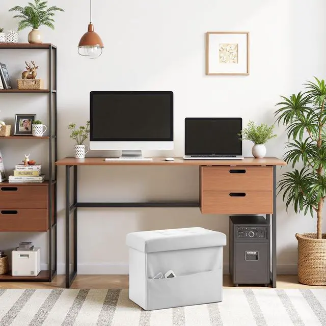 Alt view image 4 of 7 - Ottoman with Storage,16" Folding Leather Foot Rest Chest,White | Storage Stool Ottoman with Side Pocket,Thickened Foam Cushion,Livingroom,Dorm,Bedroom,Easy to install,16x12x12in