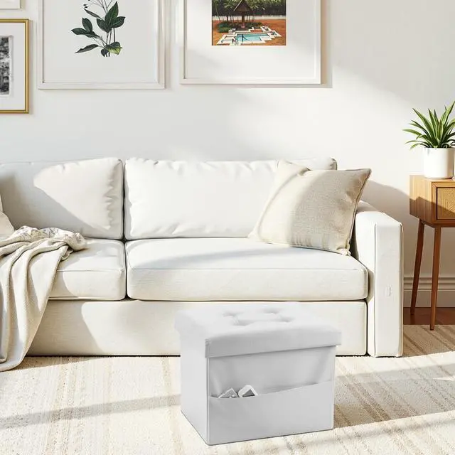 Alt view image 3 of 7 - Ottoman with Storage,16" Folding Leather Foot Rest Chest,White | Storage Stool Ottoman with Side Pocket,Thickened Foam Cushion,Livingroom,Dorm,Bedroom,Easy to install,16x12x12in