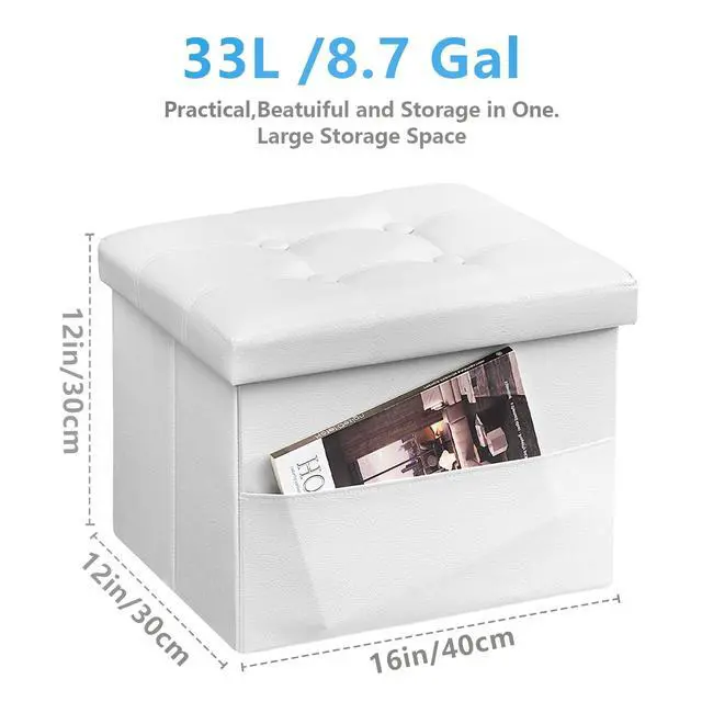 Alt view image 5 of 7 - Ottoman with Storage,16" Folding Leather Foot Rest Chest,White | Storage Stool Ottoman with Side Pocket,Thickened Foam Cushion,Livingroom,Dorm,Bedroom,Easy to install,16x12x12in