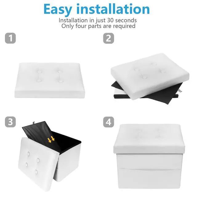 Alt view image 7 of 7 - Ottoman with Storage,16" Folding Leather Foot Rest Chest,White | Storage Stool Ottoman with Side Pocket,Thickened Foam Cushion,Livingroom,Dorm,Bedroom,Easy to install,16x12x12in