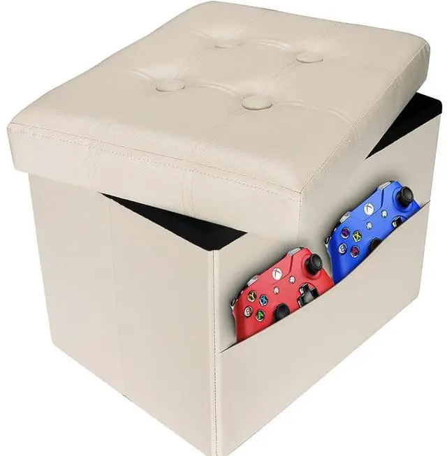 Main image of Ottoman with Storage,16" Folding Leather Foot Rest Chest,Beige | Storage Stool Ottoman with Side Pocket,Thickened Foam Cushion,Livingroom,Dorm,Bedroom,Easy to install,16x12x12in