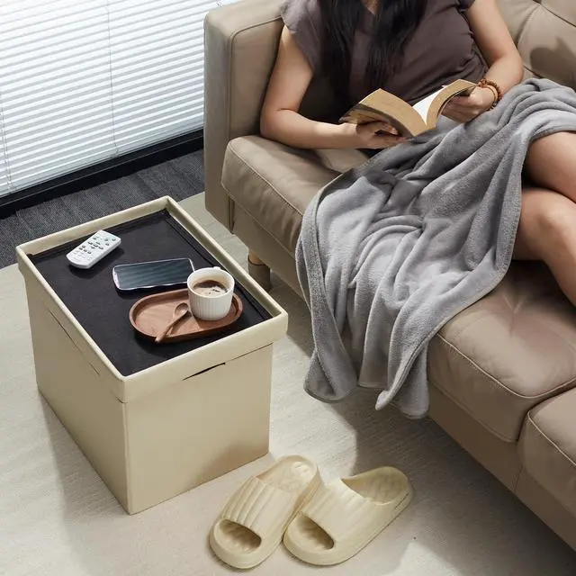 Alt view image 2 of 7 - Ottoman with Storage,16" Folding Leather Foot Rest Chest,Beige | Storage Stool Ottoman with Side Pocket,Thickened Foam Cushion,Livingroom,Dorm,Bedroom,Easy to install,16x12x12in
