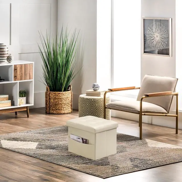 Alt view image 3 of 7 - Ottoman with Storage,16" Folding Leather Foot Rest Chest,Beige | Storage Stool Ottoman with Side Pocket,Thickened Foam Cushion,Livingroom,Dorm,Bedroom,Easy to install,16x12x12in
