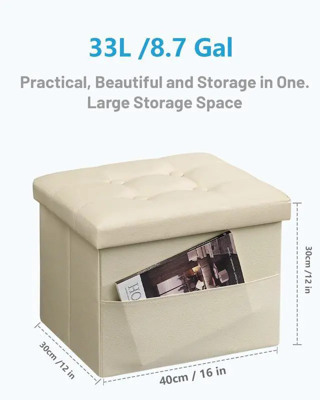 Alt view image 5 of 7 - Ottoman with Storage,16" Folding Leather Foot Rest Chest,Beige | Storage Stool Ottoman with Side Pocket,Thickened Foam Cushion,Livingroom,Dorm,Bedroom,Easy to install,16x12x12in