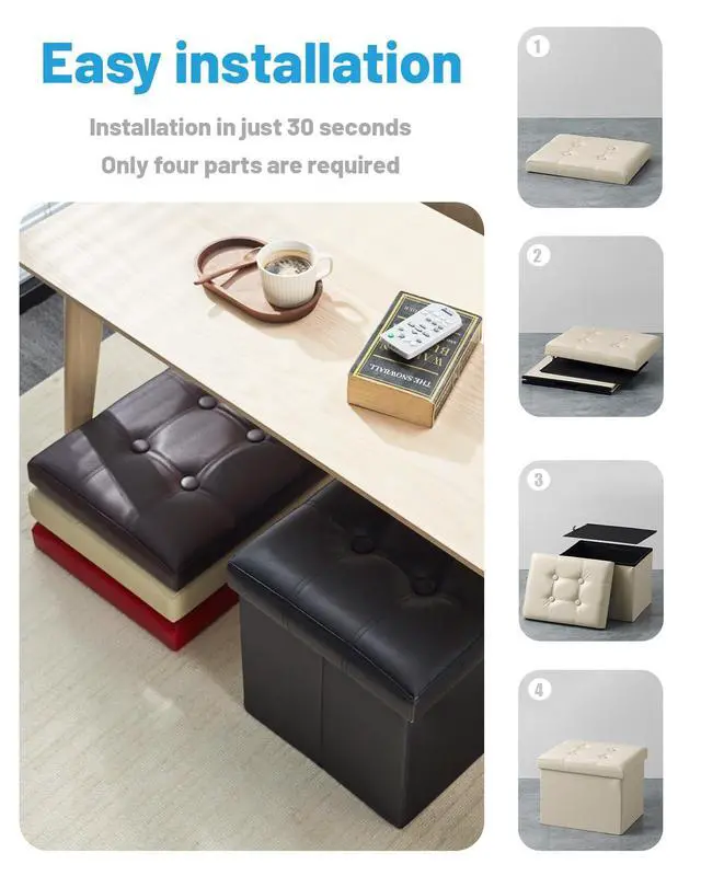 Alt view image 7 of 7 - Ottoman with Storage,16" Folding Leather Foot Rest Chest,Beige | Storage Stool Ottoman with Side Pocket,Thickened Foam Cushion,Livingroom,Dorm,Bedroom,Easy to install,16x12x12in