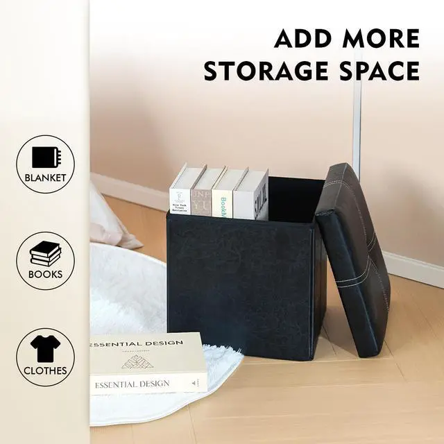 Alt view image 2 of 6 - Storage Ottoman Cube, 11.8" Faux Leather Footrest Chest,Black | Foldable Small Ottoman with Storage, Square Foot Rest Padded Seat Coffee Table, for Dorm Living Room