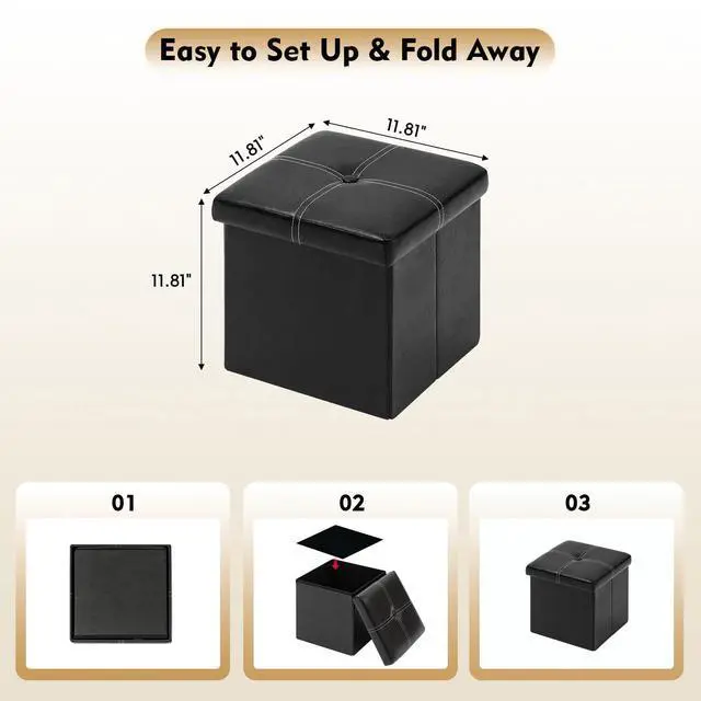 Alt view image 4 of 6 - Storage Ottoman Cube, 11.8" Faux Leather Footrest Chest,Black | Foldable Small Ottoman with Storage, Square Foot Rest Padded Seat Coffee Table, for Dorm Living Room