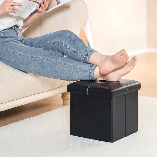 Alt view image 6 of 6 - Storage Ottoman Cube, 11.8" Faux Leather Footrest Chest,Black | Foldable Small Ottoman with Storage, Square Foot Rest Padded Seat Coffee Table, for Dorm Living Room