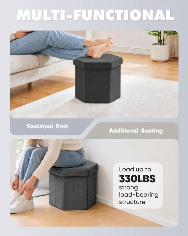 Alt view image 3 of 7 - Storage Ottoman Cube Hexagonal Pouf Ottomans, Foot Rest Seat for Sofa Footrest Entryway Shoe Footstool for Living Room/Bedroom/Entrway Linen Grey 16.93"x15"x15"