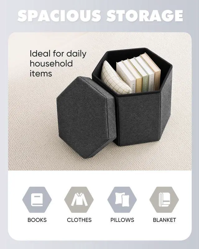 Alt view image 2 of 7 - Storage Ottoman Cube Hexagonal Pouf Ottomans, Foot Rest Seat for Sofa Footrest Entryway Shoe Footstool for Living Room/Bedroom/Entrway Linen Grey 16.93"x15"x15"