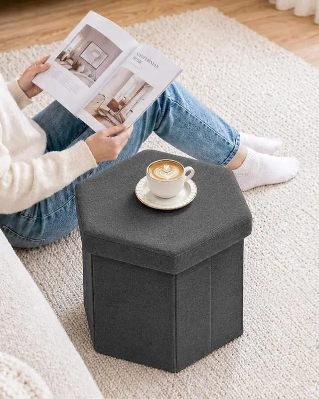 Alt view image 5 of 7 - Storage Ottoman Cube Hexagonal Pouf Ottomans, Foot Rest Seat for Sofa Footrest Entryway Shoe Footstool for Living Room/Bedroom/Entrway Linen Grey 16.93"x15"x15"