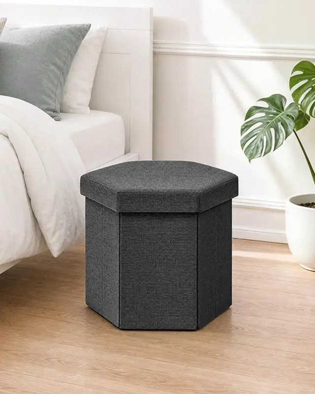 Alt view image 7 of 7 - Storage Ottoman Cube Hexagonal Pouf Ottomans, Foot Rest Seat for Sofa Footrest Entryway Shoe Footstool for Living Room/Bedroom/Entrway Linen Grey 16.93"x15"x15"