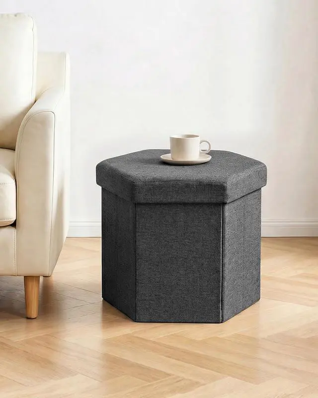 Alt view image 6 of 7 - Storage Ottoman Cube Hexagonal Pouf Ottomans, Foot Rest Seat for Sofa Footrest Entryway Shoe Footstool for Living Room/Bedroom/Entrway Linen Grey 16.93"x15"x15"