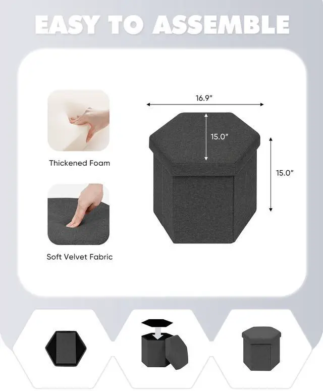 Alt view image 4 of 7 - Storage Ottoman Cube Hexagonal Pouf Ottomans, Foot Rest Seat for Sofa Footrest Entryway Shoe Footstool for Living Room/Bedroom/Entrway Linen Grey 16.93"x15"x15"