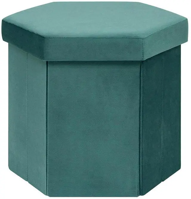 Main image of Velvet Hexagon Storage Ottoman, Foldable Footstool with Lid, Upholstered Accent Stool, Soft Seat Foot Rest, 220LBS Capacity for Living Room Bedroom Entryway 16.9 Inches Blue