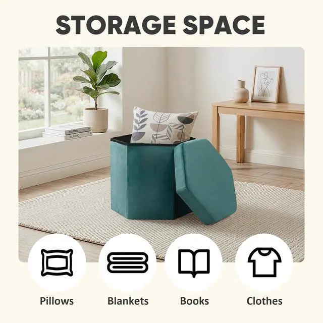 Alt view image 2 of 7 - Velvet Hexagon Storage Ottoman, Foldable Footstool with Lid, Upholstered Accent Stool, Soft Seat Foot Rest, 220LBS Capacity for Living Room Bedroom Entryway 16.9 Inches Blue