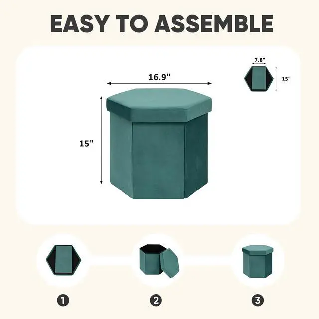 Alt view image 5 of 7 - Velvet Hexagon Storage Ottoman, Foldable Footstool with Lid, Upholstered Accent Stool, Soft Seat Foot Rest, 220LBS Capacity for Living Room Bedroom Entryway 16.9 Inches Blue
