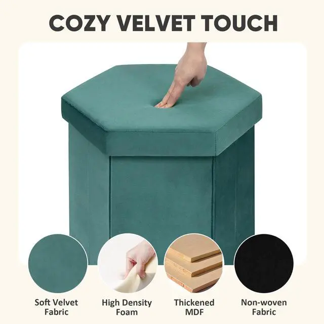 Alt view image 3 of 7 - Velvet Hexagon Storage Ottoman, Foldable Footstool with Lid, Upholstered Accent Stool, Soft Seat Foot Rest, 220LBS Capacity for Living Room Bedroom Entryway 16.9 Inches Blue
