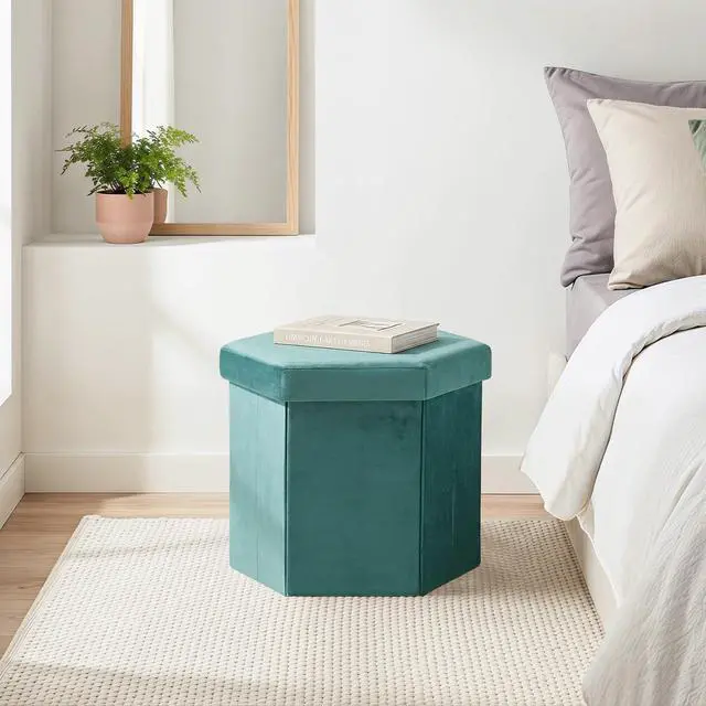 Alt view image 7 of 7 - Velvet Hexagon Storage Ottoman, Foldable Footstool with Lid, Upholstered Accent Stool, Soft Seat Foot Rest, 220LBS Capacity for Living Room Bedroom Entryway 16.9 Inches Blue