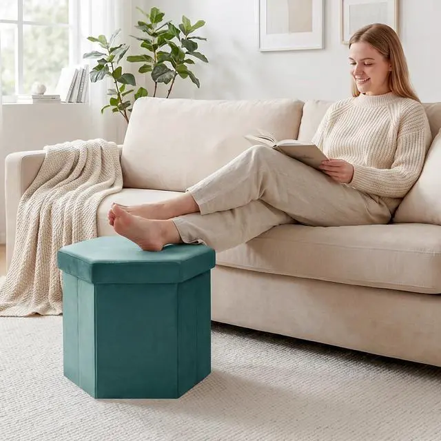 Alt view image 6 of 7 - Velvet Hexagon Storage Ottoman, Foldable Footstool with Lid, Upholstered Accent Stool, Soft Seat Foot Rest, 220LBS Capacity for Living Room Bedroom Entryway 16.9 Inches Blue