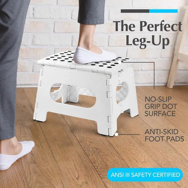 Alt view image 2 of 7 - Folding Step Stool 9 Inch, White, Non-Slip Holds 300 lbs | Foldable Collapsible Step Stool, Kitchen Bathroom Bedroom, Adults
