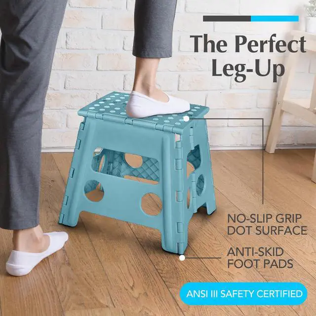 Alt view image 2 of 7 - Folding Step Stool 13 Inch, Teal, Non-Slip Holds 300 lbs | Foldable Collapsible Step Stool, Kitchen Bathroom Bedroom, Adults