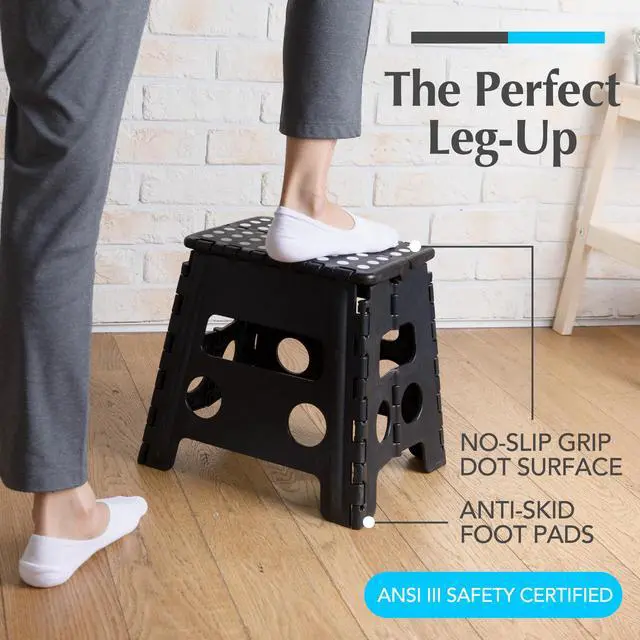 Alt view image 2 of 7 - Folding Step Stool 13 Inch, Black, Non-Slip Holds 300 lbs | Foldable Collapsible Step Stool, Kitchen Bathroom Bedroom, Adults