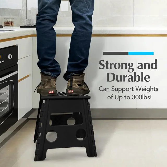 Alt view image 4 of 7 - Folding Step Stool 13 Inch, Black, Non-Slip Holds 300 lbs | Foldable Collapsible Step Stool, Kitchen Bathroom Bedroom, Adults