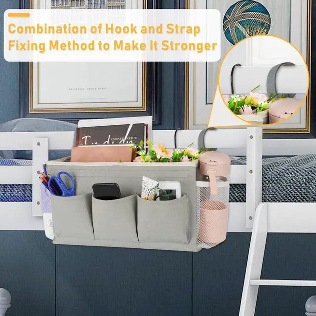 Alt view image 2 of 6 - Bedside Caddy, Bedside Storage Bag Hanging Organizer for Bunk Bed | Bed Caddy with Fixed Straps and Water Bottle Holder for Home, College Dorm, Bunk Bed, Hospital Bed and Crib Bed Rails